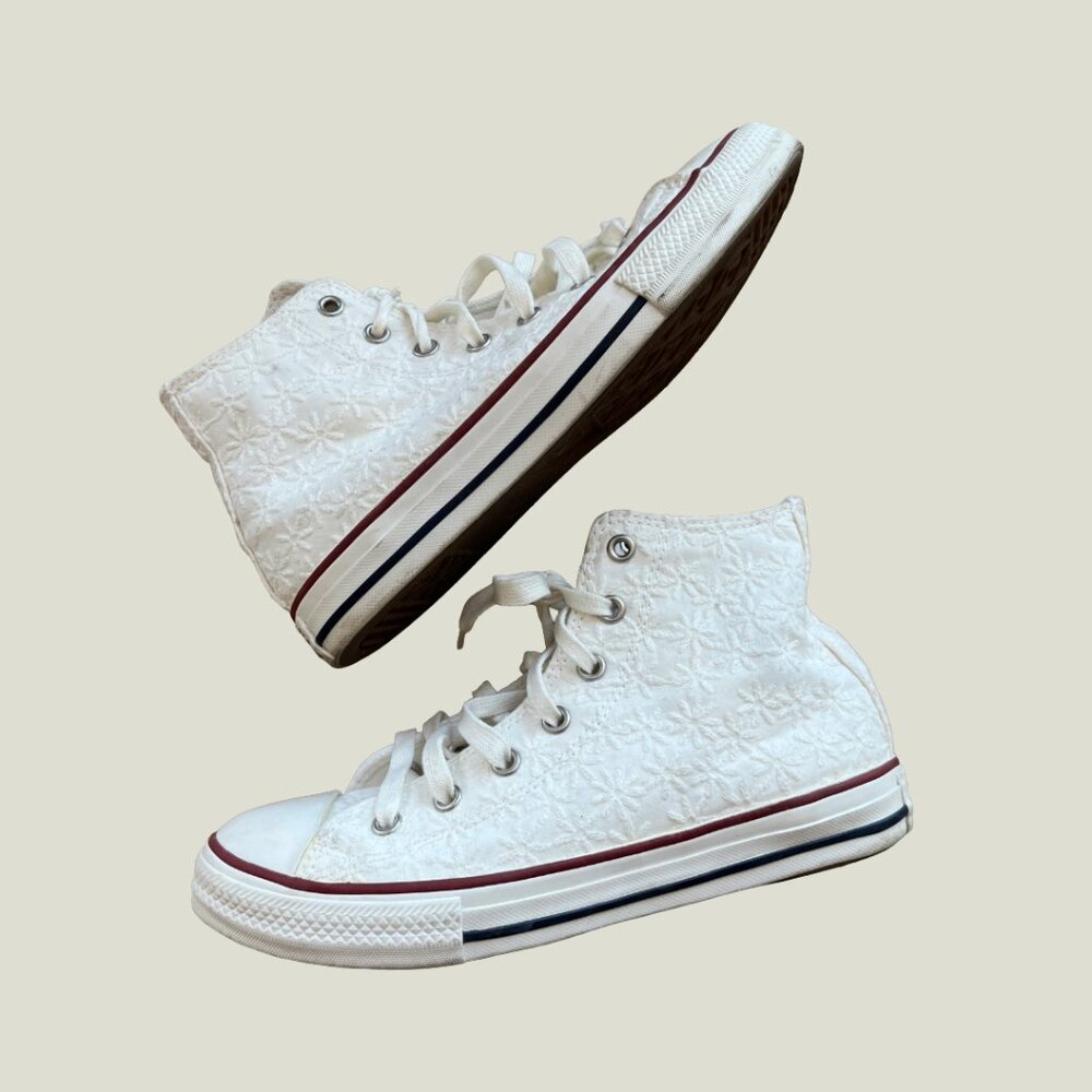 Converse White High-Top Sneakers with Red & Navy Stripe